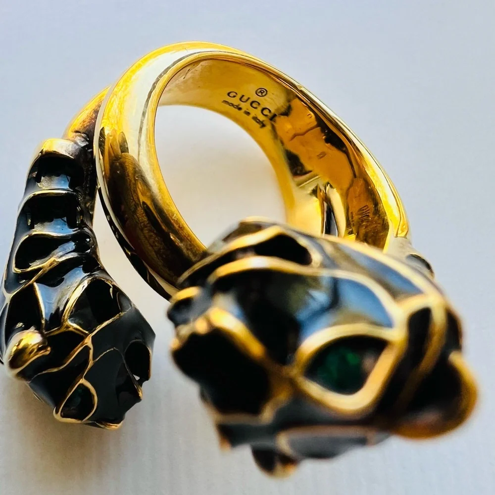 GUCCI TIGER HEADs RING WITH BLACK ENAMEL IN 18k aged gold size 6 - Picture 4 of 6